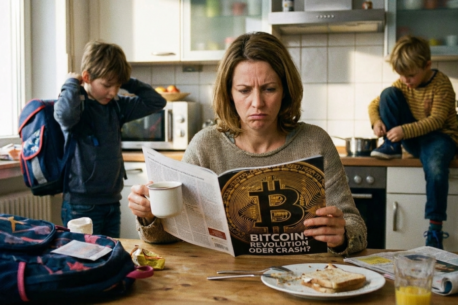 Genervte Frau am Küchentisch mit Tasse Kaffee und Zeitschrift mit Bitcoin. 2 Kinder machen sich zur Schule fertig.