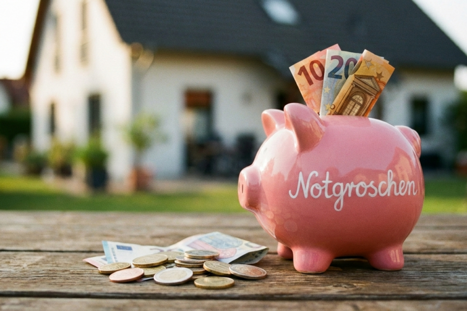 Haus als verschwommener Hintergrund. Davor ist ein rosa Sparschwein mit dem Aufdruck "Notgroschen". Im Sparschwein stecken Euroscheine. Vor dem Sparschwein liegen Euro Münzen und Scheine
